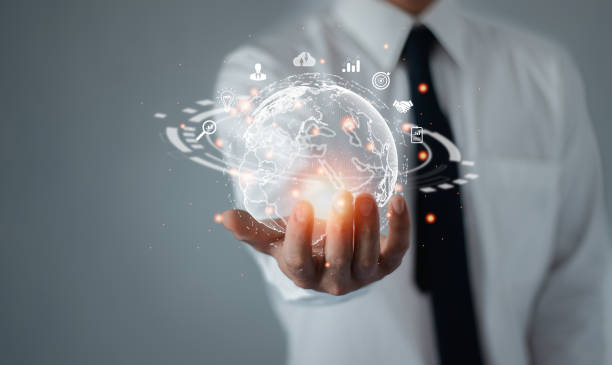 istock Businessman holding global internet connection technology business, global internet connection for business and digital marketing finance and banking digital link technology big data 1884714613