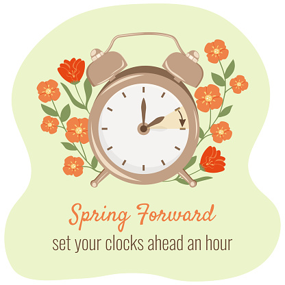 Daylight Saving Time begins concept. Spring forward, set your clocks ahead one hour. Alarm-clock with hand points onward. DST starts in USA for banner, web, emailing. Flat design vector illustration