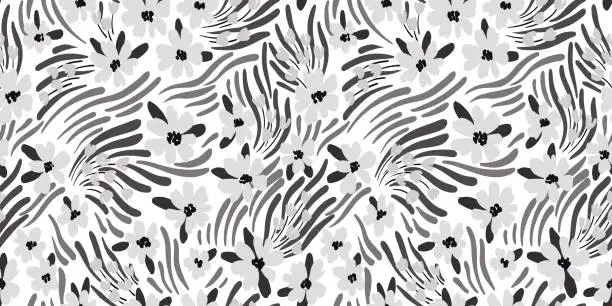 Vector illustration of Seamless floral pattern, abstract arrangement of small grass flowers, stripes with an animal motif on a white background. Vector illustration, painted image.