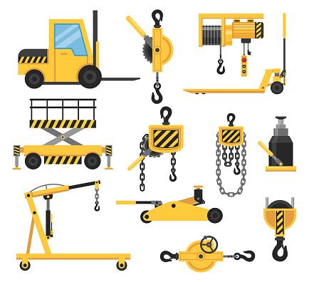 Industrial lifting equipment yellow cartoon crane forklift with chain and hook set vector flat illustration. Construction machinery rig for heavy transportation hydraulic technology cargo machine