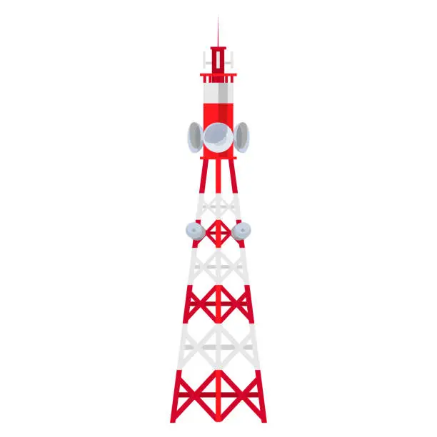 Vector illustration of Radio tower with broadcast antenna global satellite media connection signal isometric vector