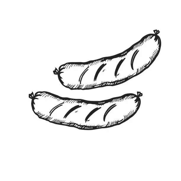 Vector illustration of Vector hand drawn grilled sausages, ink food illustration with two meat sausages, black and white sketch of barbeque theme isolated on white background