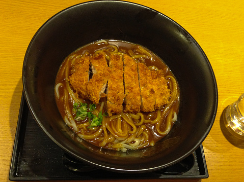 Japanese cuisine, Chicken steak udon, Japanese noodles. Food concept.