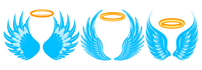 Set of three blue angel wings with halo. Color vector illustration.