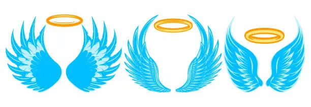 Vector illustration of Set of three blue angel wings with halo. Color vector illustration