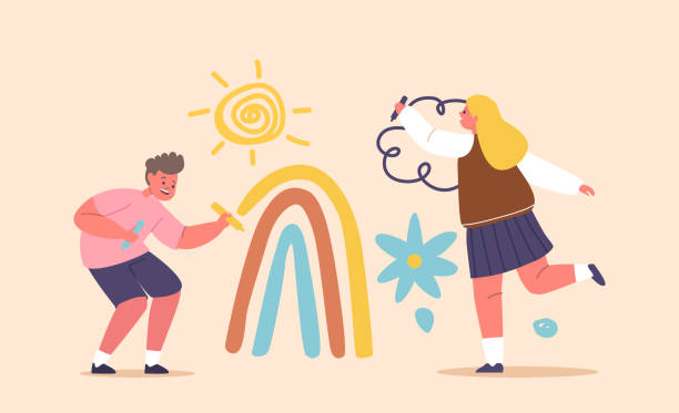 счастливые мальчик и девочка рисуют солнце, радугу и облака на стене. рисование детских персонажей, векторная иллюстрация - rainbow preschooler baby child stock illustrations