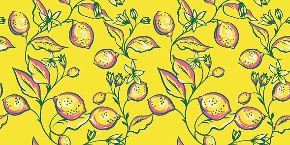 Abstract shape branches leaves with lemon, flowers seamless pattern. Vector hand drawn sketch brush floral. Simple summer leaf stems on a yellow printing. Design for fabric, fashion, wallpaper
