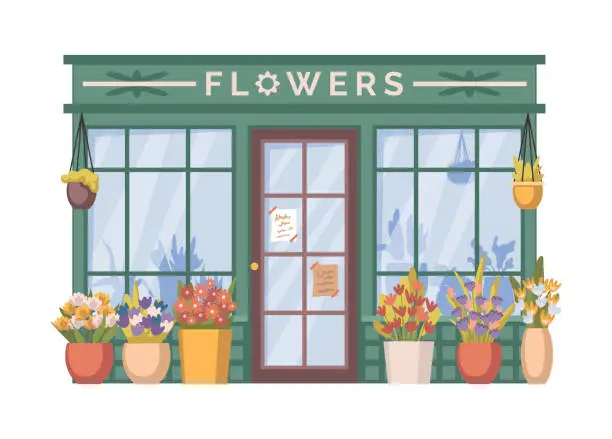 Vector illustration of Florist store exterior, isolated flower shop facade with entrance doors. Vector blooming plants in pots and big vases. Selling floral compositions on holidays and gifts for clients in city