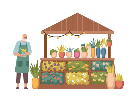 Florist store with assortments of flowers and bouquet compositions for clients. Vector isolated kiosk with bulb, market or fair selling blooming houseplants. Senior seller or owner of shop