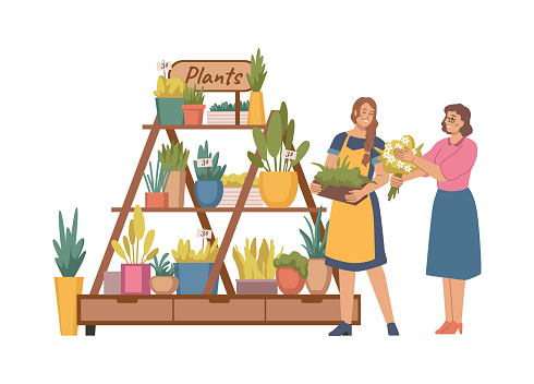 Florist store seller speaking to client. Vector isolated flower shop shelf with potted plants with lush greenery and foliage. Flora composition and bouquet for home interior and holiday gift