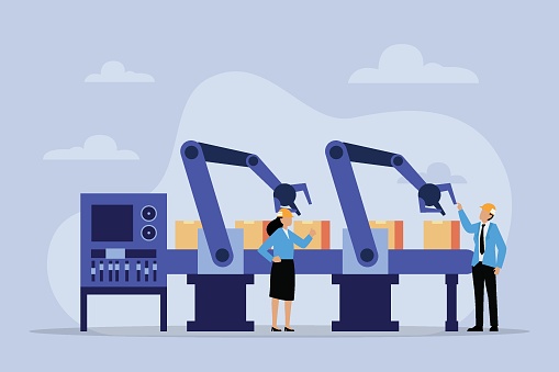 Smart industry: engineers monitoring and controlling a robotic arm  2d flat vector illustration