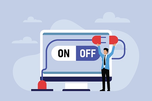 Businessman turning off and turning on devices 2d flat vector illustration