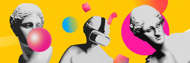 istock Bright design with antique statue busts over yellow background with abstract elements. Bubble gum, vr glasses. Contemporary art collage. 1884774954