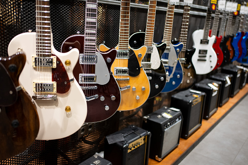 new electronic guitars in the musical instrument store