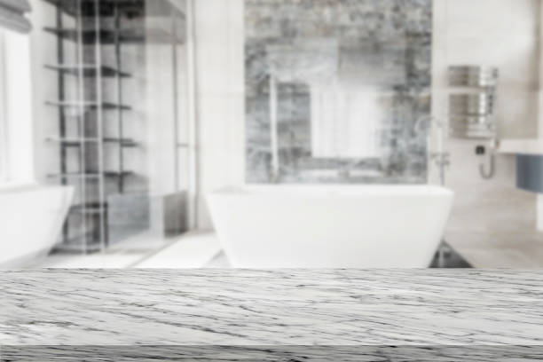 istock Bathroom bright marble board top shelf product presentation 3D template. 1884789788