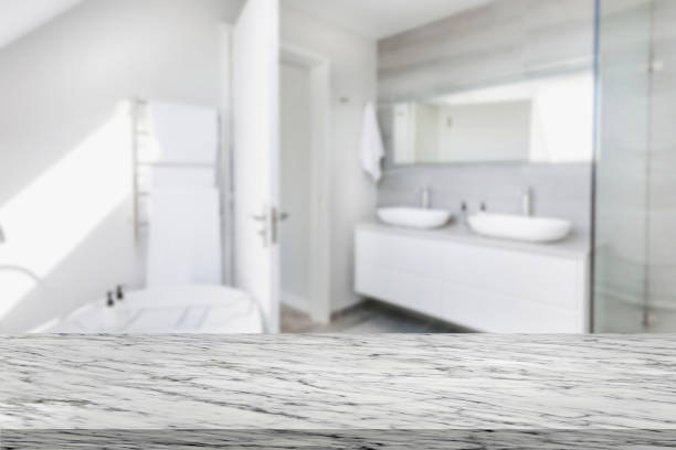 istock Bathroom white marble board top shelf product presentation 3D template. 1884789795
