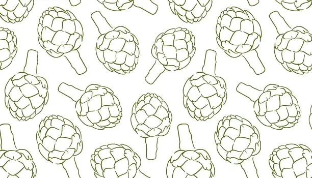 Vector illustration of Artichoke seamless pattern in line art style. Design for menu, packaging design, fabric, food store. Vector illustration on a white background.