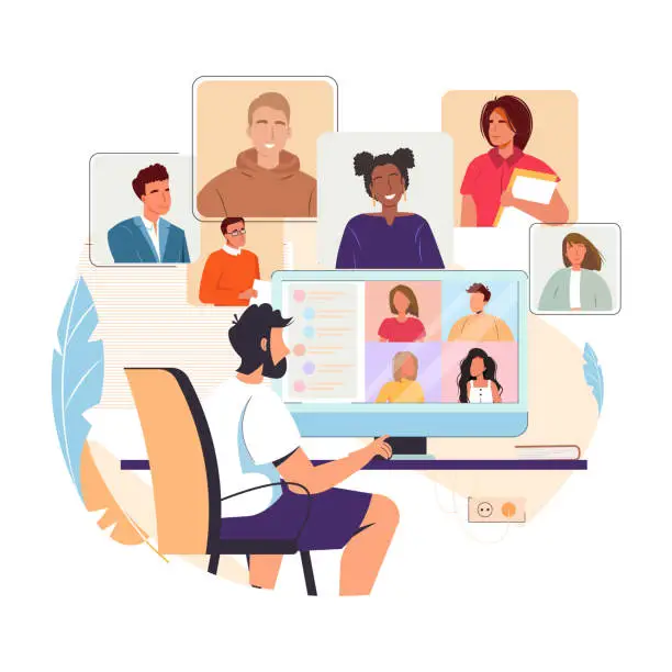 Vector illustration of Video conference. Man at desk having videoconference with colleagues. Corporate video call, distant discussion, virtual chat. Friends talking online. Online business meeting vector illustration.