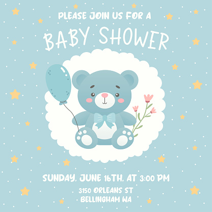 Baby shower invitation with cute bear and blue balloon. Design template invitation card for baby and kids new born celebration.