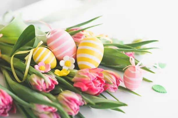 Happy Easter. Stylish dyed easter eggs with spring flowers on white background. Pink tulips with colorful eggs