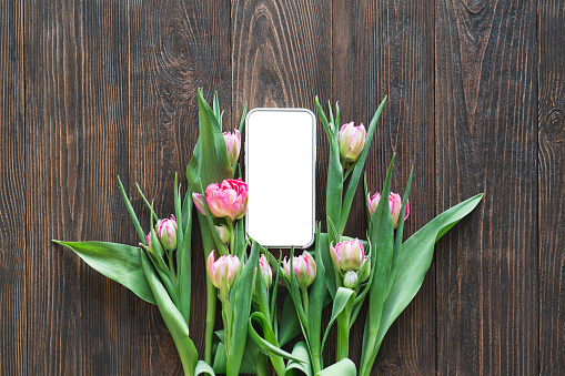 Mobile phone and spring flower pink tulips on the wood background. Theme of love, mother's day or women's day. Stylish greeting card