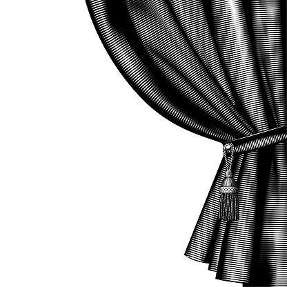 Vintage engraving stylized drawing of black classic curtain with tassel isolated on white. Vector illustration