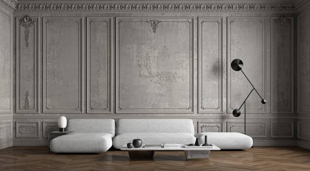 istock Classic gray concrete interior with moldings, sofa, wood floor and decor. 3d render illustration mockup. 1884865423
