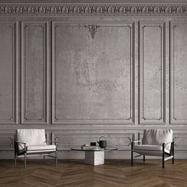 istock Classic gray interior with concrete wall, moldings, stucco, armchairs and decor. 3d render illustration mockup. 1884865951