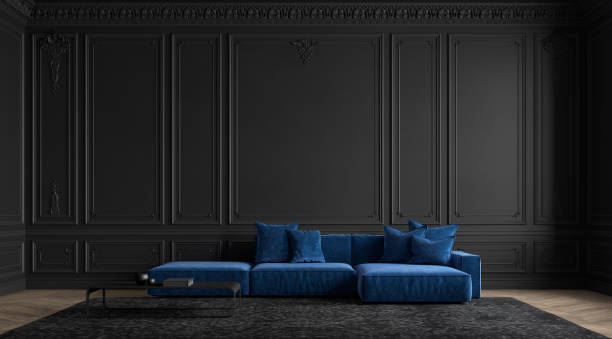 istock Classic black interior with moldings, blue sofa, wood floor and decor. 3d render illustration mockup. 1884866476