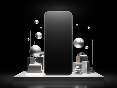 Phone screen on silver presentation podium with levitation spheres and geometry composition. 3d render illustration mockup.