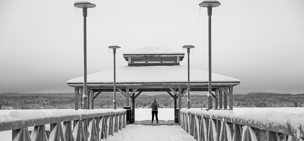 A wooden pier and a view of the city. Park in Mukkula Lahti Finland