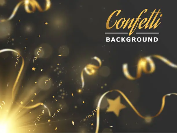 Vector illustration of Confetti background.Birthday,anniversary,celebration banner.Falling shiny golden confetti.Background for anniversary party.Elements for preparing holiday