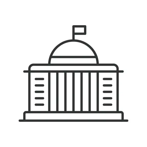 Vector illustration of Government building icon line design. Capitol, architecture, city hall, municipal building, courthouse, authority, government center vector illustration. Government building editable stroke icon.