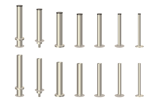 Metal columns with caps of different diameters.   Steel 3d pipes. Metal poles. Vector design for advertising banners of street lamps.
