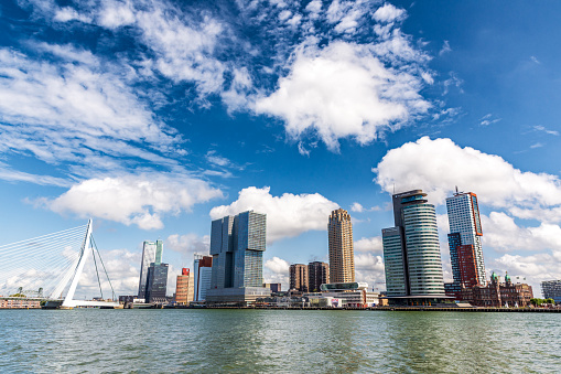 Rotterdam, Netherlands - July 29, 2023: Skyline of the Kop van Zuid district on the Nieuwe Maas river served by the Erasmus bridge on a sunny summer day.
