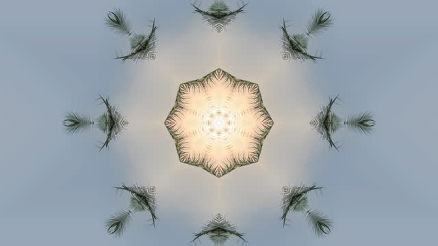 Kaleidoscope art of palm trees against a blue sky, backlit by a setting sun - abstract background