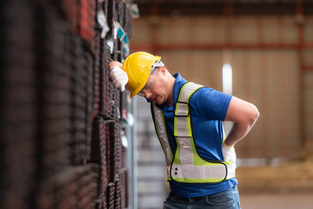 portrait of a male worker wearing a safety vest and helmet standing on a steels pallet due to back pain from working in a factory lifting heavy things. - pijn fotos stockfoto's en -beelden