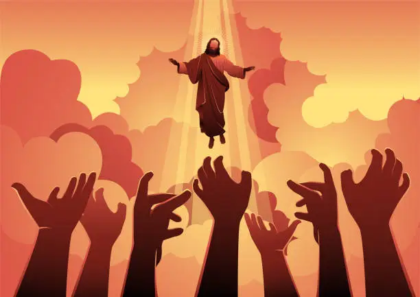 Vector illustration of Jesus in the open sky with human hands trying to reach him