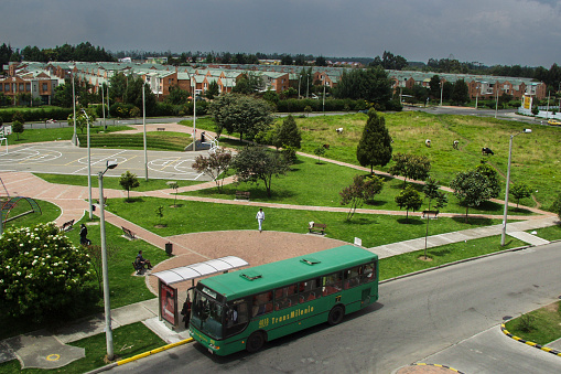 Bogota Colombia\n7 de Julio de 2023:\nPublic bus at a passenger station in the city of Bogotá