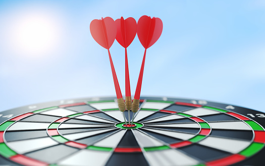 3d Render Dartboard Red and Green in Blue Sky and Arrow Hit 12 Targets, Concept to achieve success and target (Depth Of Field)