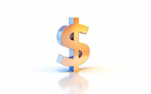 3d render Dollar Sign with Metallic Blue and Yellow Reflections, Object + Shadow Clipping Path, Can Be Used For Concepts Such As Business And Finance, Investment, Economy, Earnings.