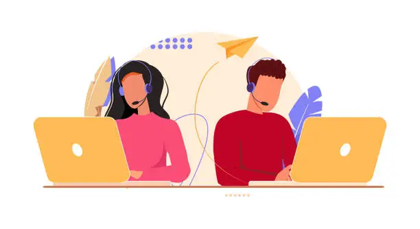 Vector illustration of Customer service, call center, hotline flat vector illustration. Online global technical support 24 7. Hotline operator advises customer. Customer support department staff, telemarketing agent