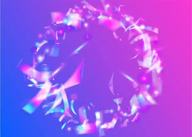 Vector illustration of Hologram Sparkles. Falling Effect. Festive Art. Blur Abstract Decoration. Carnival Confetti. Party Design. Blue Metal Glare. Digital Foil. Pink Hologram Sparkles
