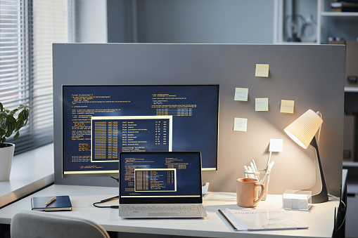 Office Code Set Office Workplace Setting With Code Lines On Computer Screens Stock ...
