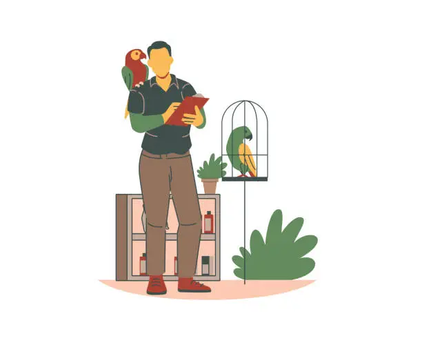 Vector illustration of Man with parrot and birdcage. Flat vector illustration for animal adoption and fostering concept