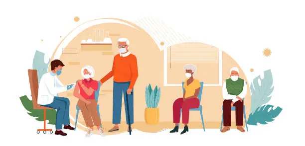 Vector illustration of Old people vaccination concept for immunity health. Covid-19. Doctor makes an injection of flu vaccine to senior man. Aged patients are waiting in line. Healthcare, coronavirus, flu or influenza.