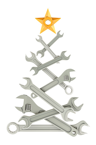 Abstract Industrial Christmas Tree from wrenches and spanners, 3D rendering isolated on white background