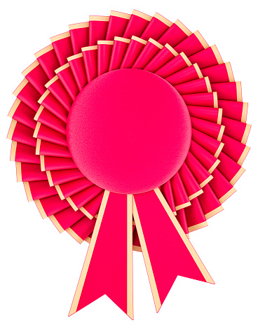 Winning award, rosette ribbon, award ribbon, prize, medal or badge with ribbons. 3D rendering isolated on white background