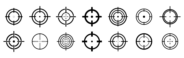 Crosshairs icon set. Bullseye symbol collection. Target aim sign group. Vector illustration isolated on white.