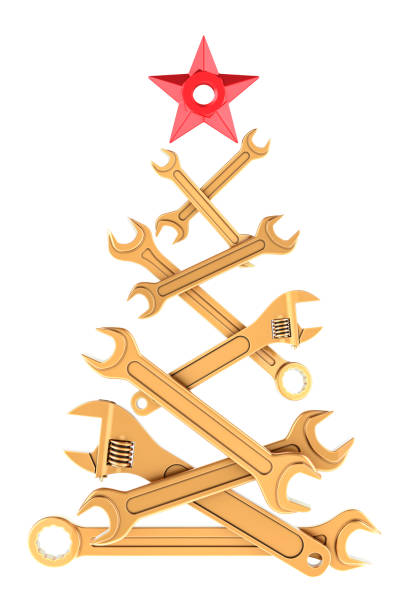 istock Golden Industrial Christmas Tree from wrenches and spanners, 3D rendering 1885117503